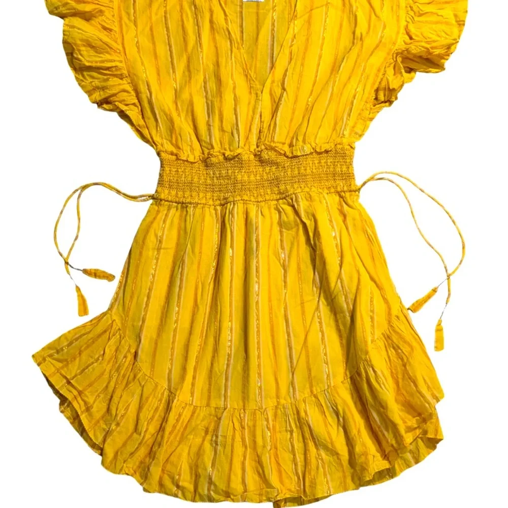 Saylor Size Small Yellow‎ Metallic Stripe Adrianne Ruffle-Sleeve Mini Dress EUC